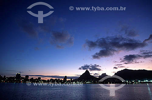  Lagoa Rodrigo de Freitas (Rodrigo de Freitas Lagoon) (1) at sunset, with Rock of Gavea and Morro Dois Irmaos (Two Brothers Mountain) (2) in the background - Rio de Janeiro city - Rio de Janeiro state - Brazil  (1) National Historic Site since 06-19- 