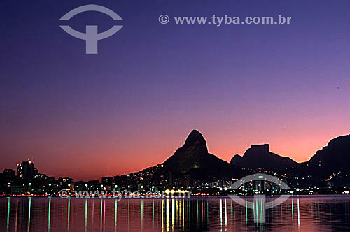  Lagoa Rodrigo de Freitas (Rodrigo de Freitas Lagoon) (1) at sunset with Rock of Gavea and Morro Dois Irmaos (Two Brothers Mountain) (2) in the background - Rio de Janeiro city - Rio de Janeiro state - Brazil  (1) National Historic Site since 06-19-2 