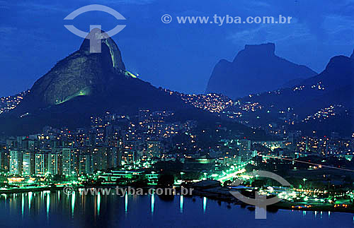  Lagoa Rodrigo de Freitas (Rodrigo de Freitas Lagoon) (1) at night, with Rock of Gavea and Morro Dois Irmaos (Two Brothers Mountain) (2) in the background - Rio de Janeiro city - Rio de Janeiro state - Brazil  (1) National Historic Site since 06-19-2 