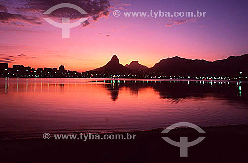  Lagoa Rodrigo de Freitas (Rodrigo de Freitas Lagoon) (1) at sunset, with Rock of Gavea and Morro Dois Irmaos (Two Brothers Mountain) (2) in the background - Rio de Janeiro city - Rio de Janeiro state - Brazil  (1) National Historic Site since 06-19- 