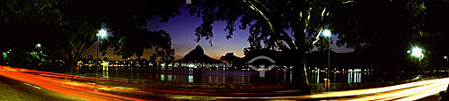  Panoramic view of the Lagoa Rodrigo de Freitas (Rodrigo de Freitas Lagoon) (1), with Rock of Gavea and Morro Dois Irmaos (Two Brothers Mountain) (2) in the background - Rio de Janeiro city - Rio de Janeiro state - Brazil  