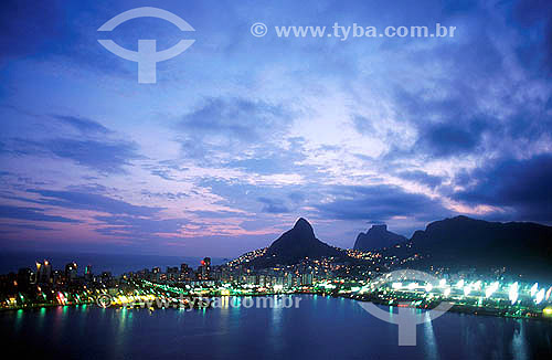  Lagoa Rodrigo de Freitas (Rodrigo de Freitas Lagoon) (1) at sunset with Rock of Gavea and Morro Dois Irmaos (Two Brothers Mountain) (2) in the background - Rio de Janeiro city - Rio de Janeiro state - Brazil  (1) National Historic Site since 06-19-2 