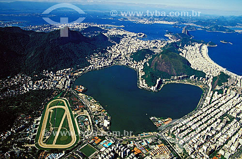  Panoramic view of Lagoa Rodrigo de Freitas (Rodrigo de Freitas Lagoon)* with a heart shape. Rio de Janeiro city - Rio de Janeiro state - Brazil    * National Historic Site since 19-06-2000. 