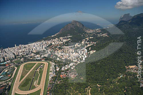  Aerial view of the Jockey Club in the foreground, with the Morro Dois Irmaos (Two Brothers Mountain) and the Rock of Gavea* in the background to the right - Rio de Janeiro city - Rio de Janeiro state - Brazil  