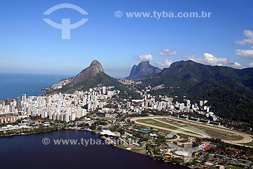  Aerial view of the Jockey Club, with part of Lagoa Rodrigo de Freitas (Rodrigo de Freitas Lagoon) in the left, buildings in the neighborhood of Leblon, The Rock of Gavea and the Two Brothers Mountain  in the background - Rio de Janeiro city - Rio de 