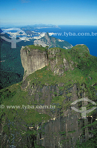  Aerial view of Gavea Rock in the foreground with Morro Dois Irmãos (Two Brothers Mountain) just above it, followed by Lagoa Rodrigo de Freitas (Rodrigo de Freitas Lagoon) and the Sugar Loaf Mountain in the background - Rio de Janeiro city - Brazil 