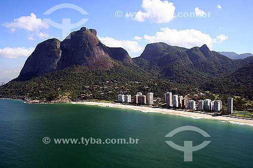  Aerial view of Sao Conrado beach with the Gavea Rock(*) in the background - Rio de Janeiro city - Rio de Janeiro state - Brazil   Gavea Rock is a  National Historical Site since 08-08-1973 