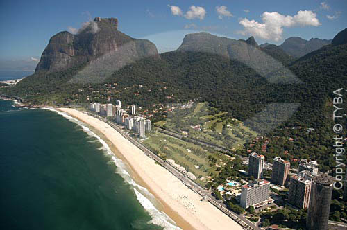  Aerial view  of Sao Conrado neighborhood with Rock of Gavea* in the background - Rio de Janeiro city - Rio de Janeiro state - Brazil   *The Rock of Gavea is a National Historic Site since 08-08-1973. 