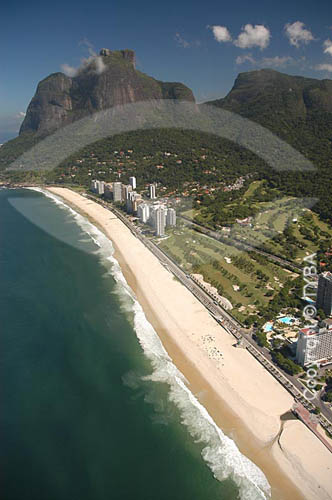  Aerial view of the Sao Conrado neighborhood with Rock of Gavea* in the background - Rio de Janeiro city - Rio de Janeiro state - Brazil   *The Rock of Gavea is a National Historic Site since 08-08-1973. 