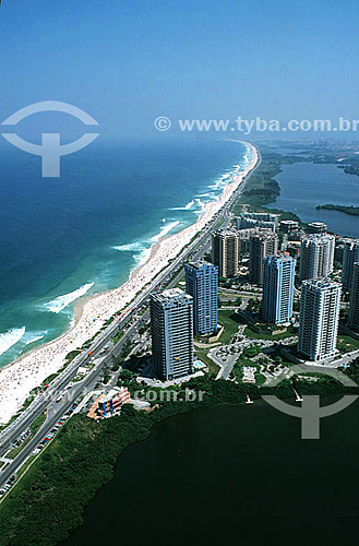  Aerial view of Barra da Tijuca Beach, with a condominium complex typical to this area and Lagoa de Marapendi (Marapendi Lagoon) to the right - Rio de Janeiro city - Rio de Janeiro state - Brazil 