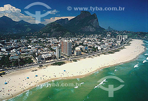  Aerial view of Barra da Tijuca Beach, with Rock of Gavea in the top center, and Morro Dois Irmaos (Two Brothers Mountain)* in the background - Rio de Janeiro city - Rio de Janeiro state - Brazil  * The Rock of Gavea and the Two Brothers Mountain are 