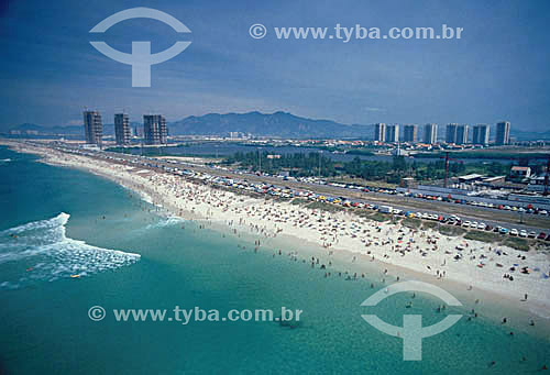  Aerial view of Barra da Tijuca neighborhood and beach with a few buildings - Rio de Janeiro city - Rio de Janeiro state - Brazil 