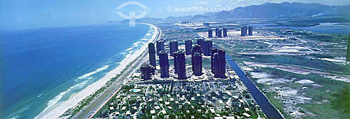  Aerial view of Barra da Tijuca neighborhood and beach in the beginning of the urbanization - Rio de Janeiro city - Rio de Janeiro state - Brazil 