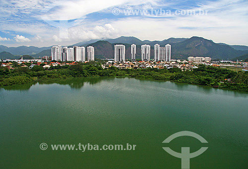  Aerial view of Marapendi lagoon with buildings on the background - Recreio dos Bandeirantes neighbourhood - Rio de Janeiro city - Rio de Janeiro state - Brazil 