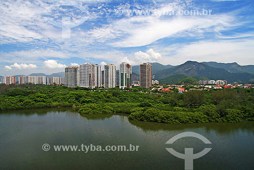  Aerial view of Marapendi lagoon with buildings on the background - Recreio dos Bandeirantes neighbourhood - Rio de Janeiro city - Rio de Janeiro state - Brazil 