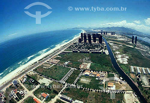  Aerial view of Barra da Tijuca neighborhood and beach in the beginning of the urbanization - Rio de Janeiro city - Rio de Janeiro state - Brazil Decade of 70 