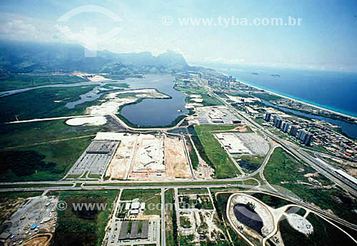  Aerial view of Barra da Tijuca neighborhood and beach in the beginning of the urbanization - Rio de Janeiro city - Rio de Janeiro state - Brazil Decade of 70 