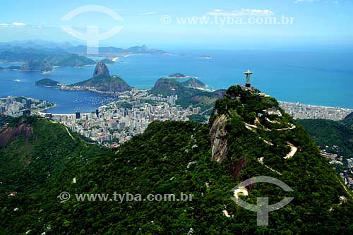  Aerial view of Cristo Redentor (Christ the Redeemer) with the buildings of Botafogo Cove, Sugar Loaf Mountain and the entrance to Guanabara Bay in the background - Rio de Janeiro city - Rio de Janeiro state - Brazil - November 2006 