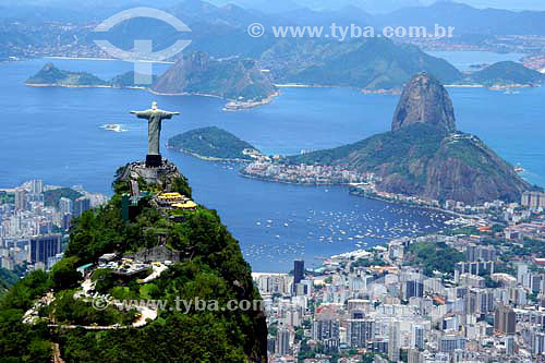  Aerial view of Cristo Redentor (Christ the Redeemer) with the buildings of Botafogo Cove, Sugar Loaf Mountain, the entrance to Guanabara Bay and the city of Niteroi in the background - Rio de Janeiro city - Rio de Janeiro state - Brazil - November 2 