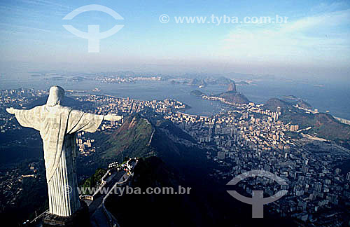  Aerial view of Cristo Redentor (Christ the Redeemer) with the buildings of Botafogo Cove, Sugar Loaf Mountain and the entrance to Guanabara Bay in the background  - Rio de Janeiro city - Rio de Janeiro state (RJ) - Brazil