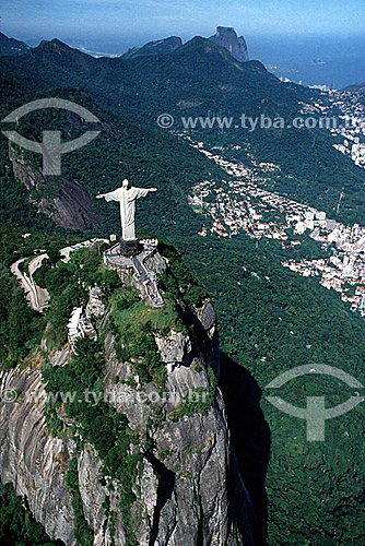  Aerial view of Cristo Redentor (Christ the Redeemer) at Morro do Corcovado (Corcovado Mountain) overlooking part of the Dona Marta slum to the right, and Rock of Gavea in the background - Rio de Janeiro city - Rio de Janeiro state - Brazil 