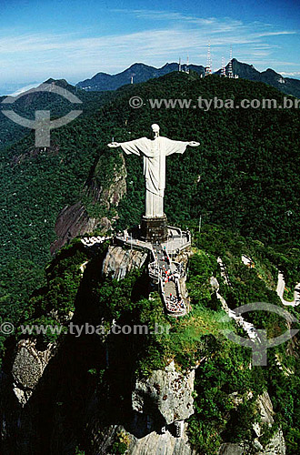  Aerial view of Cristo Redentor (Christ the Redeemer) at Morro do Corcovado (Corcovado Mountain) overlooking part of Parque Nacional da Tijuca (Tijuca Forest)* in the background - Rio de Janeiro city - Rio de Janeiro state - Brazil  * National Histor 