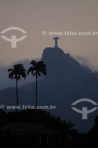  Silhouette of Cristo Redentor (Christ the Redeemer) on the top of Morro do Corcovado (Corcovado Mountain) with palm trees in foreground - Rio de Janeiro city - Rio de Janeiro state - Brazil 