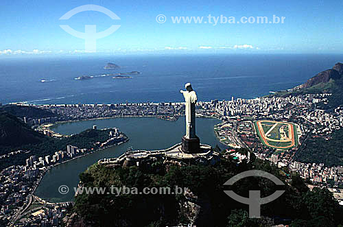  Aerial view of Cristo Redentor (Christ the Redeemer), with Lagoa Rodrigo de Freitas (Rodrigo de Freitas Lagoon) directly behind it, the buildings of the neighborhoods of Ipanema and Leblon in the background, the Jockey Club to the right  - Rio de Janeiro city - Rio de Janeiro state (RJ) - Brazil