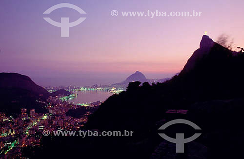  Aerial view of Rio de Janeiro city at twilight with the 