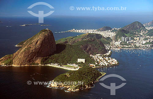  Aerial view showing Sugar Loaf Mountain (1), In the foreground, an area of coastline controlled by the Brazilian Army, Urca neighbourhood and Enseada de Botafogo (Botafogo Cove) to the right. Copacabana neighbourhood in the background - Rio de Janei 