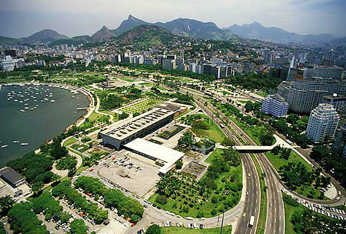  Aerial view of Rio de Janeiro city downtown - Modern Art Museum (MAM) , Gloria Marina, Flamengo Park  and Corcovado Mountain in the background - Rio de Janeiro state - Brasil 