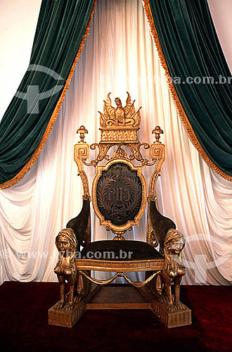  The Throne (1) - The Imperial Museum (2)  - Petropolis city - Rio de Janeiro state - Brazil  (1)The Throne is made from cedar wood, with gold leaf and green velour, and possessing two carved sphinxes on the front legs, the initials P 2º I (Pedro Sec 