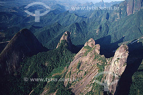  Aerial view of the jagged rock formations most commonly used to advertise Parque Nacional da Serra dos Orgaos (Serra dos Orgaos National Park), including Dedo de Deus (God´s Finger), a rock formation so named because it suggests an index finger poin 
