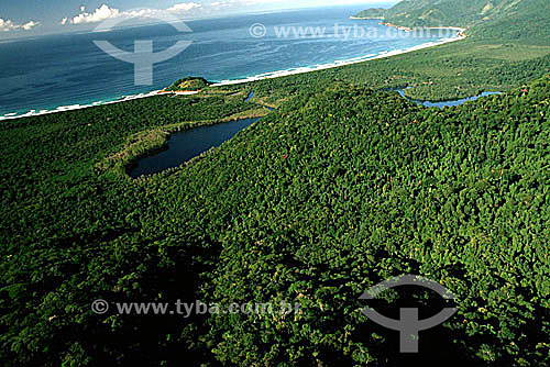  Aerial view of Reserva Biologica Estadual da Praia do Sul (South Beach State Biological Reserve) and Praia do Sul (South Beach) in the upper left, with the channel which connects the Atlantic Ocean to the lagoons - Ilha Grande (Big Island) - APA dos 