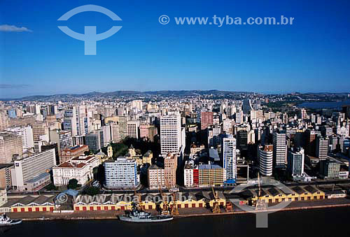  Aerial view of Porto Alegre city center with harbour on the foreground - Rio Grande do Sul state - Brazil 