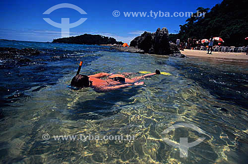  Man diving in the sea with snorkel and flipper at Bombinhas beach - Santa Catarina state - Brazil 
