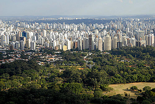  Aerial view of Ibirapuera park with city on the backround - Sao Paulo city - Sao Paulo state - Brazil 