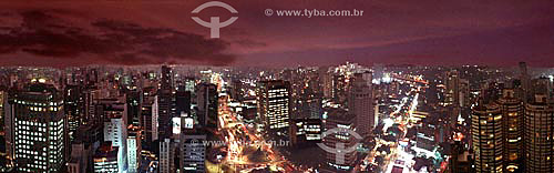  360 degrees panoramic view of São Paulo city by night with the lights of cars moving along the expressways and illuminated buildings - Sao Paulo state - Brazil 