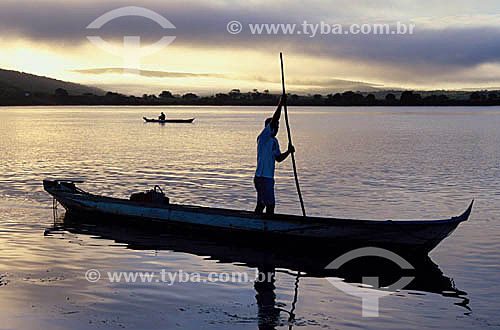   Xoco Indian on a boat fishing in Sao Francisco River - Sao Pedro Island - Sergipe state - Brazil 
