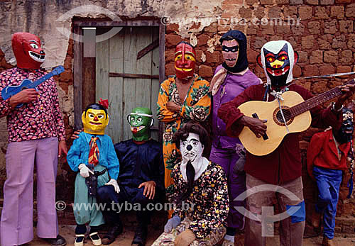  Group with masks and guitar - Divino`s Party - Pirenopolis city - Goias state - Brazil 