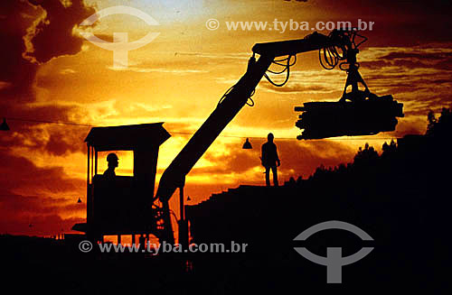  Industry - Paper manufacturing - Silhouette of workers and a piler transporting wood logs 