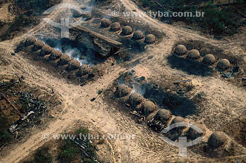  Aerial view of a clearing in Amazonian forest with charcoal burners, one of the causes of loss of vegetation in Brazil - Amazonas state 