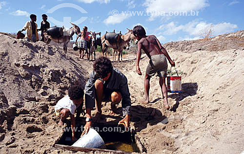  People catching water from a well during the dry season - Northeast region - Ceara state - Brazil 