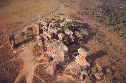  Aerial view of natural rock formations found at Vila Velha, some of which rise to over 35 meters (more than 115 feet) - Vila Velha State Park -  PR - Brazil 