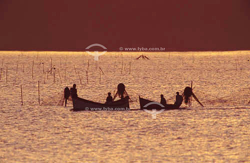  Fishermen of portuguese ancestry with shrimp nets on the Laguna littoral - Santa Catarina state - Brazil 