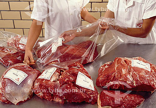  Agro-cattle-raising / Agro Industry / Agro Business : refrigerator`s employees packing cattle meat, Rio Grande do Sul state, Brasil 