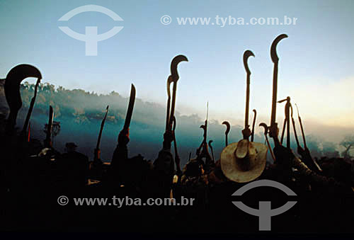  Landless Rural Workers Movement holding scythes and large knives - Brazil 