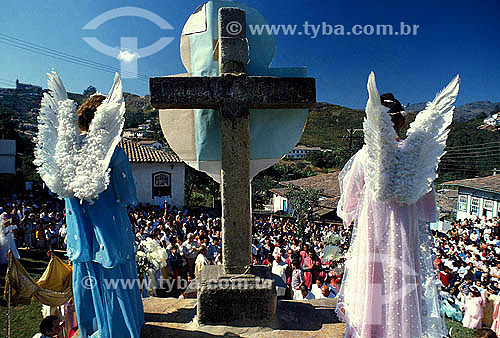  People using angel costumes at the celebration of Corpus Christi - Ouro Preto city - Minas Gerais state - Brazil 