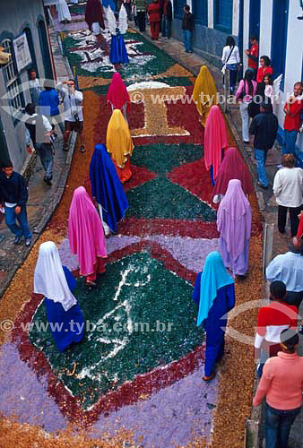  Procession over a decorated street during the Holy Week - Ouro Preto city - Minas Gerais state - Brazil 