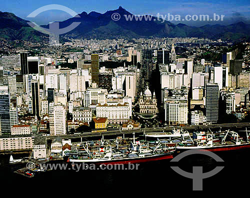  Aerial view of Rio de Janeiro city downtown - in the foreground part of the port and Nossa Senhora da Candelaria Church (Our Lady of Candelaria Church) - Rio de Janeiro city - Rio de Janeiro state - Brazil 